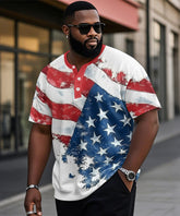 Men's Plus Size Independence Day American Flag Print Henley Collar Button Short Sleeve Tee